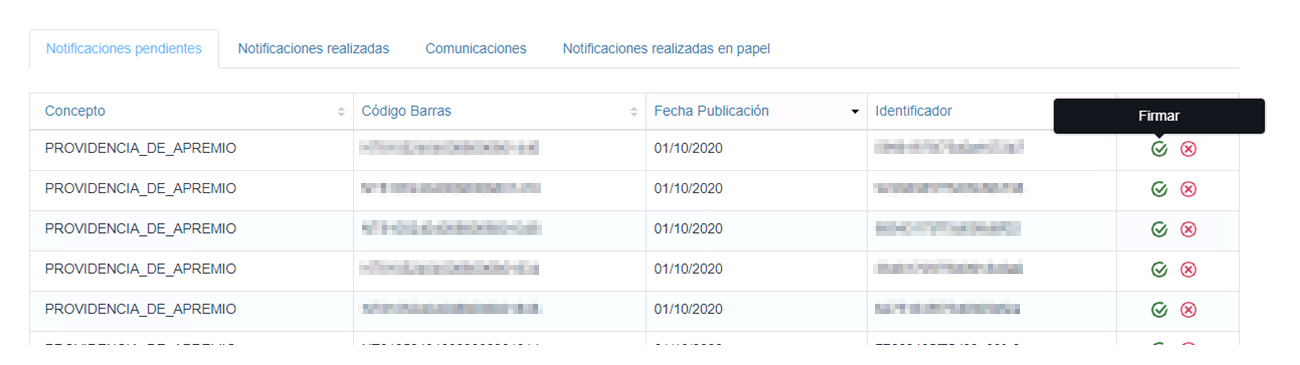 Se muestra como ejemplo de la Sede una lista de las notificaciones recibidas emitidas por la Diputación Provincial de Cádiz pendiente de apertura